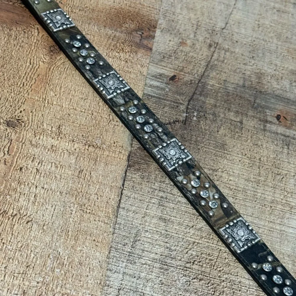 Nocona Rhinestone Studded Camo Dog Collar Heavy‎ Duty Genuine Leather Size L
